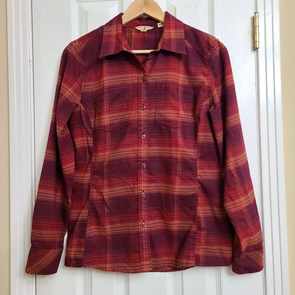 Ascend Womens Long Sleeve Purple Maroon Orange Plaid Button Up Soft Comfy Size M